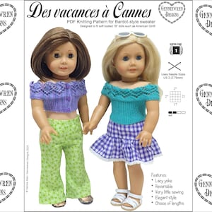 May include: Two dolls dressed in handmade outfits. One doll wears a purple off-the-shoulder top and green floral trousers. The other doll is in a turquoise off-the-shoulder top and a blue and white checked skirt. The image includes the text "Des vacances à Cannes".