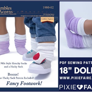 May include: PDF sewing pattern for 18-inch dolls, featuring a pair of slouchy socks in purple and white with a white cuff. The pattern includes instructions for making a hacky sack. The text on the image reads "1980-02 PDF Sewing Pattern 18" Dolls www.pixiefaire.com Pixie Faire".