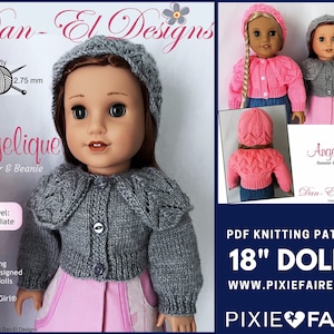 Może przedstawiać: Wzór na dzianie PDF na sweter i czapkę dla lalki o wysokości 46 cm. Wzór nazywa się "Angelique" i jest przeznaczony dla osób o średnim poziomie umiejętności dziania. Wzór zawiera szary sweter i czapkę oraz różowy sweter i czapkę. Wzór jest dostępny na stronie internetowej www.pixiefaire.com.