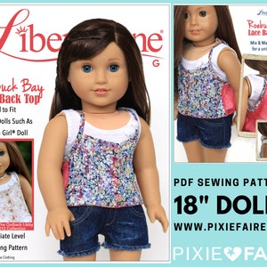 May include: PDF sewing pattern for an 18 inch doll top with a lace back. The pattern is called "Roebuck Bay Lace Back Top" and is designed to fit 18 inch dolls such as American Girl dolls. The pattern is featured in the Outback Libby Spring 2012 Collection. The pattern is intermediate level and is available as a PDF download. The pattern is from Pixie Faire.