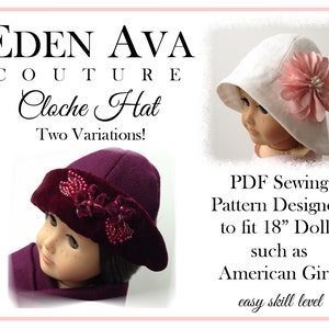Puede incluir: Un patrón de costura PDF para un sombrero cloche diseñado para muñecas de 45,7 cm, como las muñecas American Girl. El patrón incluye dos variaciones, una con un sombrero blanco y una flor rosa, y otra con un sombrero burdeos con una flor burdeos y cuentas. El patrón está clasificado como nivel de habilidad fácil.
