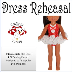 May include: PDF sewing pattern for a dress rehearsal costume for a 14.5 inch doll. The dress is red with white accents and a white tulle skirt. The pattern is for an intermediate skill level.