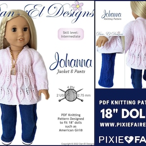 Peut inclure: Patron de tricot pour poupées de 18 pouces, avec un cardigan rose et un pantalon bleu à motif de feuilles. Le patron s'appelle "Johanna Jacket & Pants" et est disponible sur Pixie Faire.