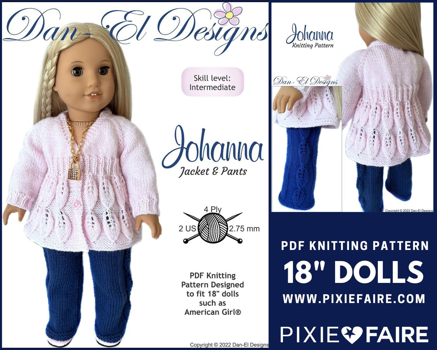 Johanna Knitted Jacket \u0026 Pants 18 Inch Doll Clothes Knitting Pattern Fits  Popular 18\, image size:1500x1200