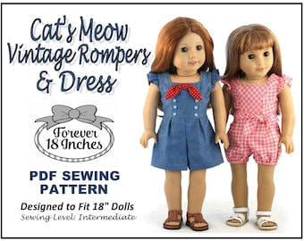 Cat's Meow Vintage Rompers & Dress 18 inch Doll Clothes Pattern Fits Dolls such as American Girl® - Forever 18 Inches - PDF - Pixie Faire