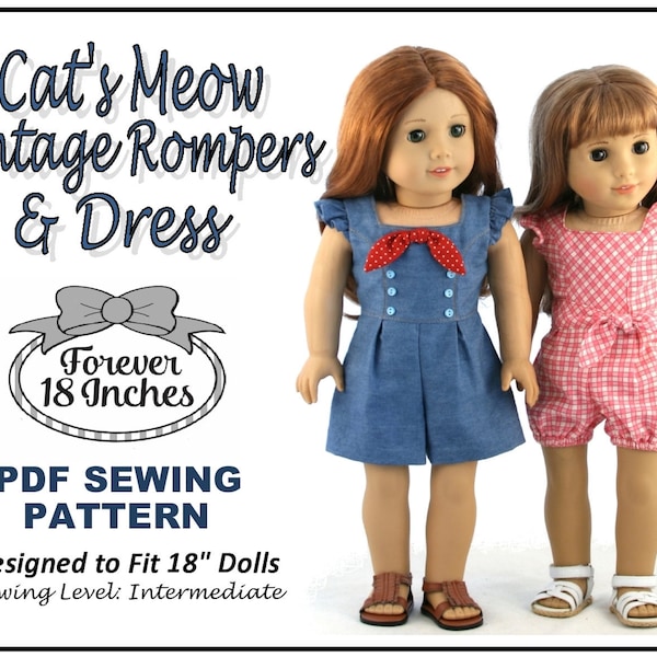 Cat's Meow Vintage Rompers & Dress 18 inch Doll Clothes Pattern Fits Dolls such as American Girl® - Forever 18 Inches - PDF - Pixie Faire