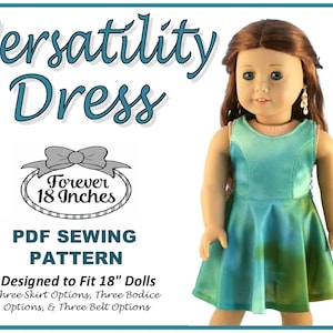 Puede incluir: Patrón de costura PDF para un vestido versátil diseñado para muñecas de 45,7 cm. El patrón incluye tres opciones de falda, tres opciones de corpiño y tres opciones de cinturón. La imagen muestra una muñeca con un vestido verde azulado.