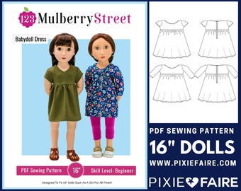 Pode incluir: Padrão de costura PDF para um vestido babydoll para bonecas de 40,6 cm. O padrão inclui instruções para fazer um vestido com mangas curtas e uma saia franzida. O padrão é projetado para costureiras iniciantes. A imagem mostra duas bonecas usando o vestido em tecidos diferentes.