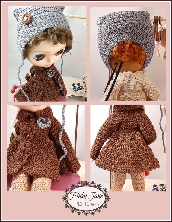 Swing Coat and Winter Helmet 12 Inch Doll Clothes Crochet Pattern Fits 12  Blythe™ Dolls Pinku Jane PDF Pixie Faire 