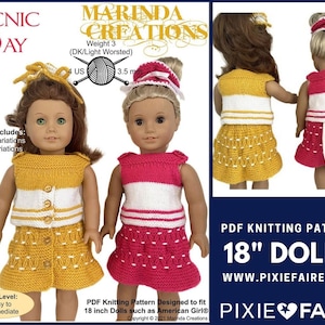 May include: Knitting pattern for 18 inch dolls. The pattern includes two variations of a skirt and top, as well as a hair tie. The pattern is designed to fit 18 inch dolls such as American Girl®.  The pattern is titled "Picnic Day" and is by Marinda Creations.  The pattern is available as a PDF download.