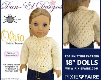 Olivia Knitted Sweater 18 inch Doll Clothes Knitting Pattern Fits Popular 18" Dolls - Dan-El Designs - PDF - Pixie Faire