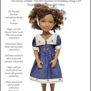 Puede incluir: Un vestido azul y blanco con estrellas doradas y un cuello blanco. El vestido está diseñado para una muñeca de moda de 38 cm. El vestido es parte de un conjunto de diseños de bordado a máquina patrióticos para la ropa de muñecas.