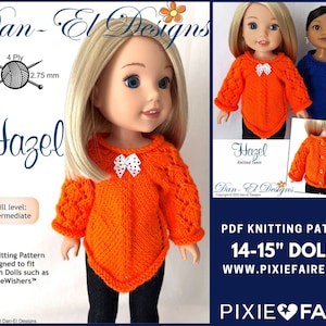 May include: PDF knitting pattern for 14-15 inch dolls. The pattern is called "Hazel" and is designed to fit dolls like WellieWishers. The pattern is for an orange sweater with a white bow. The pattern is by Dan-El Designs and is available on Pixie Faire.