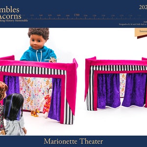 May include: A pink and black striped marionette theater with purple curtains. The theater is designed for 18-inch dolls. The text "Marionette Theater" is printed below the theater. The text "PDF Sewing Pattern" is printed above the theater. The text "Designed to fit 18 inch Dolls Such as American Girl" is printed below the theater. The text "Intermediate" is printed below the theater.