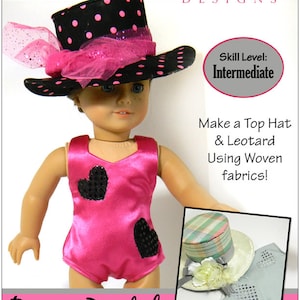 Puede incluir: Un patrón de costura para un atuendo de recital de danza para una muñeca de 45,7 cm. El patrón incluye instrucciones para hacer un sombrero de copa de lunares negros y blancos con una cinta rosa y un leotardo rosa con corazones negros. El patrón está etiquetado como "Jelly Bean Soup Designs" y "Dance Recital".