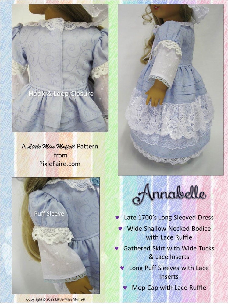 Annabelle 18 Inch Doll Clothes Pattern Fits Popular 18" Dolls - Little Miss Muffett - PDF - Pixie Faire - Etsy Annabelle 18 Inch Doll Clothes Pattern Fits Popular 18" Dolls - Little Miss Muffett - PDF - Pixie Faire - Etsy