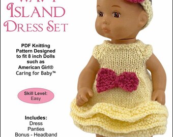 Wavy Island Dress Set Doll Knitting Pattern for 8" Baby Dolls - Marinda Creations - PDF - Pixie Faire