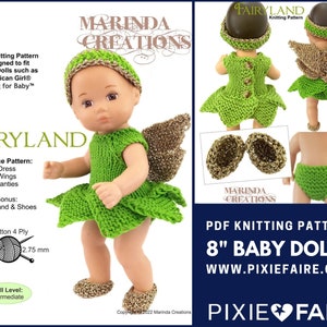 May include: Knitting pattern for an 8 inch baby doll fairy costume. The pattern includes a dress, wings, panties, headband and shoes. The pattern is made with cotton yarn and is for an intermediate skill level. The pattern is available for download on the website Pixie Faire.