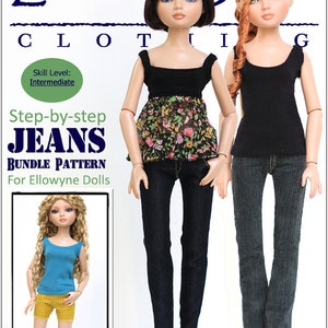Peut inclure: Un patron de couture pour jeans pour poupées Ellowyne. Le patron comprend quatre styles : skinny, bootcut, coupés et shorts mi-longs. Le patron est destiné à un niveau de compétence intermédiaire.