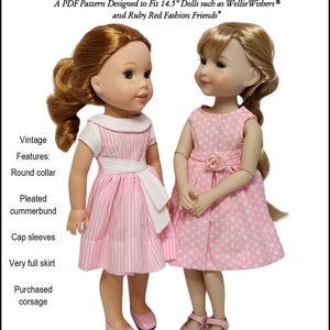 May include: A PDF pattern for a pink and white cotillion club gown for 14.5 inch dolls. The gown features a round collar, pleated cummerbund, cap sleeves, and a very full skirt. The pattern includes instructions for a purchased corsage.