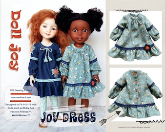 Joy Dress 14.5-15 inch Doll Clothes Pattern Fits Dolls Such as WellieWishers™ or Ruby Red Fashion Friends™ - Doll Joy - PDF - Pixie Faire