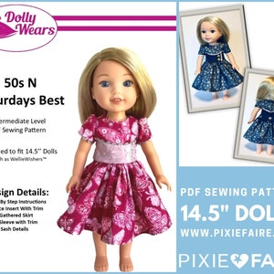 May include: PDF sewing pattern for 14.5 inch dolls. The pattern is for a 50s style dress with a gathered skirt, puff sleeves, and a back sash. The pattern is designed for intermediate sewers and includes step-by-step instructions.