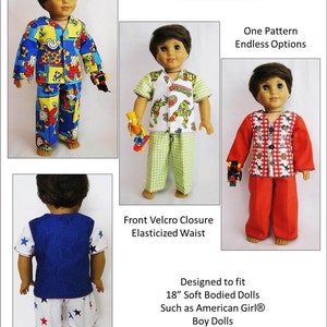 May include: A sewing pattern for making pajamas for 18-inch dolls. The pattern is called "A Little Miss Muffett pattern" and is from PixieFaire.com. The pattern includes three different pajama designs: one with a blue and yellow print, one with a green and white plaid, and one with a red and white plaid. The pattern is designed to fit 18-inch soft bodied dolls, such as American Girl&reg; Boy Dolls.