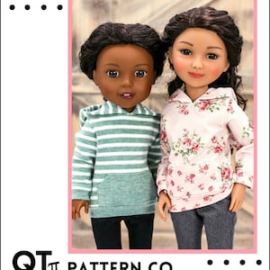 May include: A PDF sewing pattern for a zipped-up hoodie for 14.5-15 inch dolls. The pattern is for an intermediate sewing level. The image shows two dolls wearing the hoodie in different fabric patterns.