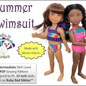 May include: A PDF sewing pattern for a summer swimsuit designed for 12 inch dolls. The pattern is made with woven fabric and is an intermediate skill level project. The image shows two dolls wearing the swimsuit in different colors and patterns. The text "Crafty lil Turkey" is in the image.