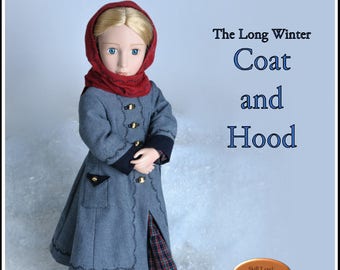 May include: A sewing pattern for a long winter coat and hood for a 16-inch doll. The pattern is designed for experienced sewers and includes a photograph of a doll wearing the finished garment. The pattern is titled "The Long Winter Coat and Hood" and is part of the "Thimbles and Acorns" collection.