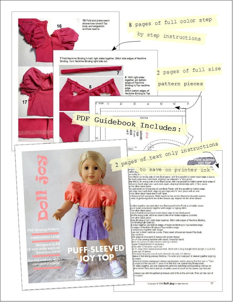 Puff-Sleeved Joy Top 18 inch Doll Clothes Pattern Fits Dolls Such as American Girl® Doll Joy PDF Pixie Faire image 9