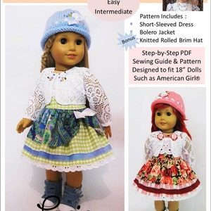 May include: A PDF sewing pattern for a doll dress, bolero jacket, and knitted hat. The pattern is designed to fit 18-inch dolls, such as American Girl dolls. The image shows two dolls wearing the finished outfits. The doll on the left is wearing a green and blue dress with a white lace bolero jacket and a blue knitted hat. The doll on the right is wearing a red and white floral dress with a white lace bolero jacket and a pink knitted hat. The text on the image reads "Little Miss Muffett", "Skill Level: Easy, Intermediate", "Bonus", "Pattern Includes: Short-Sleeved Dress, Bolero Jacket, Knitted Rolled Brim Hat", "Step-by-Step PDF Sewing Guide & Pattern Designed to fit 18" Dolls Such as American Girl®", and "Lacie".
