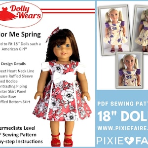 May include: PDF sewing pattern for 18 inch dolls, featuring a dress with a sweet heart neckline, square ruffled sleeves, contrasting piping, and a ruffled bottom skirt. The pattern is called "Color Me Spring" and is designed to fit dolls like American Girl. The pattern is available on the website www.pixiefaire.com.