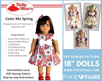 Color Me Spring Dress 18 inch Doll Clothes Pattern Fits Dolls such as American Girl® - Dolly Wears - PDF - Pixie Faire