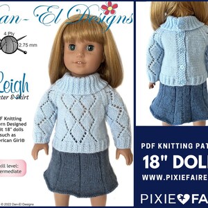 Peut inclure: Patron de tricot PDF pour poupées de 46 cm, comprenant un pull et une jupe bleu clair avec un motif en point de diamant. Le patron est conçu pour des poupées comme American Girl. Le patron est intitulé "Leigh Sweater & Skirt" et est de niveau intermédiaire.
