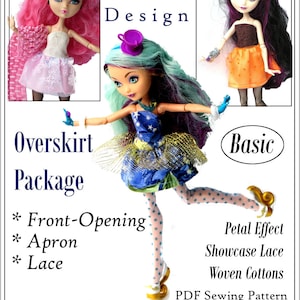 May include: A PDF sewing pattern for a doll dress with a lace overskirt, apron, and front opening. The pattern is designed to fit Ever After High dolls and similar sized dolls. The pattern includes instructions for a petal effect showcase lace and woven cottons.