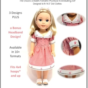 Könnte beinhalten: Eine Puppe in einem rosa Kleid mit weißer Bordüre und einem passenden Stirnband. Das Kleid hat ein Muster aus kleinen weißen Punkten und rosa Sternen. Das Bild enthält den Text "FROG Princess Fashions" und "Passend für 36,8 cm Puppenkleidung."