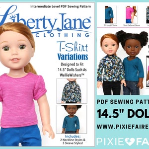 May include: PDF sewing pattern for making t-shirts for 14.5 inch dolls. The pattern includes variations for different sleeve lengths and necklines. The image shows a doll wearing a pink t-shirt with short sleeves.