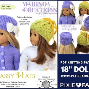 May include: PDF knitting pattern for two 18 inch doll hats. The hats are a pillbox style and a drawstring style. The pattern includes instructions for both hats. The hats are shown on two dolls, one wearing a purple hat and the other wearing a green hat. The pattern is available on Pixie Faire.