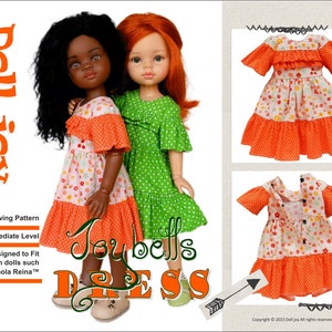 May include: PDF sewing pattern for a doll dress called "Joybells Dress". The pattern is designed to fit 13 inch dolls, such as Paola Reina dolls. The pattern is shown on two dolls wearing the dress, one with black hair and one with red hair. The dress is orange and white with a floral print and a ruffle trim.