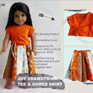 May include: A sewing pattern for a 18 inch doll outfit. The pattern includes a drawstring tee and a 14-gored skirt. The outfit is made of orange, brown, and white fabric. The pattern is designed to fit dolls such as American Girl®.  "JOY DRAWSTRING TEE & GORED SKIRT" is printed on the pattern.