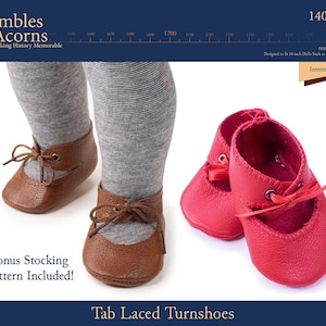 May include: A pair of brown leather tab laced turnshoes and a pair of red leather tab laced turnshoes. The shoes are designed for 18 inch dolls. The pattern is intermediate level.