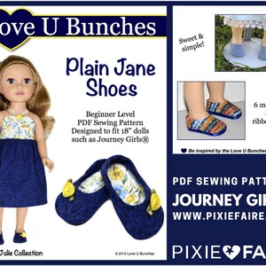 Może przedstawiać: Wzór szycia PDF do tworzenia butów dla lalek o wysokości 45 cm. Wzór nosi nazwę "Plain Jane Shoes" i jest przeznaczony dla początkujących krawcowych. Wzór pochodzi od Love U Bunches i jest dostępny na Pixie Faire.