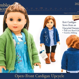 May include: A green, blue and brown cardigan sewing pattern for 18-inch dolls. The pattern is titled "Knit Cardigan Sewn from an Upcycled Sweater" and includes instructions for a fold-over shawl collar and seamless ribbing.