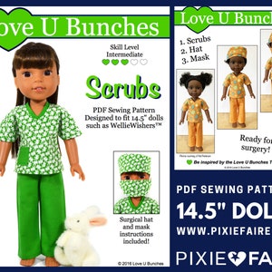 May include: PDF sewing pattern for 14.5 inch dolls, featuring a green scrub set with a white print, a surgical hat and mask, and the text "Love U Bunches".