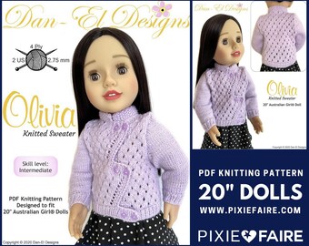 Olivia Knitted Sweater 20 inch Doll Clothes Knitting Pattern Fits Dolls such as Australian Girl® - Dan-El Designs - PDF - Pixie Faire