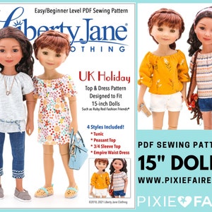 Modello di vestiti per bambole da 15 pollici per top e vestito per le feste del Regno Unito, adatto a Ruby Red Fashion Friends® - Liberty Jane - PDF - Pixie Faire