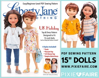 UK Holiday Top and Dress 15 inch Doll Clothes Pattern Fits Ruby Red Fashion Friends® - Liberty Jane - PDF - Pixie Faire