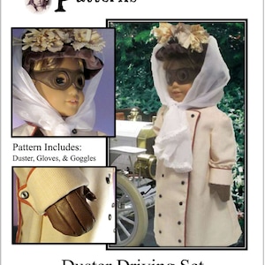 May include: A PDF sewing pattern for an 18 inch doll duster driving set. The pattern includes a duster, gloves, and goggles. The pattern is for an intermediate sewing level.