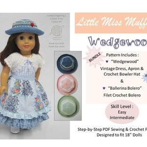 May include: A crochet pattern bundle for 18-inch dolls, called "Wedgewood", includes a vintage dress, apron, crochet bowler hat, and a "Ballerina Bolero" filet crochet bolero. The skill level is easy to intermediate.